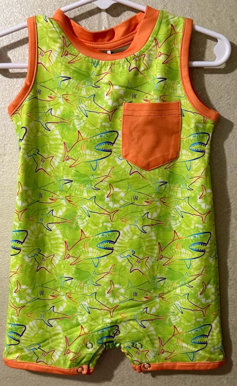 Pete + Lucy Neon Green Shark Print Tank Romper with Orange Pocket 9-12 months